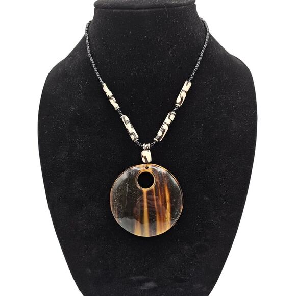 Vintage Amber Tigers Eye Style Pendant Necklace w/ Glass Beads Art to Wear - Picture 1 of 4